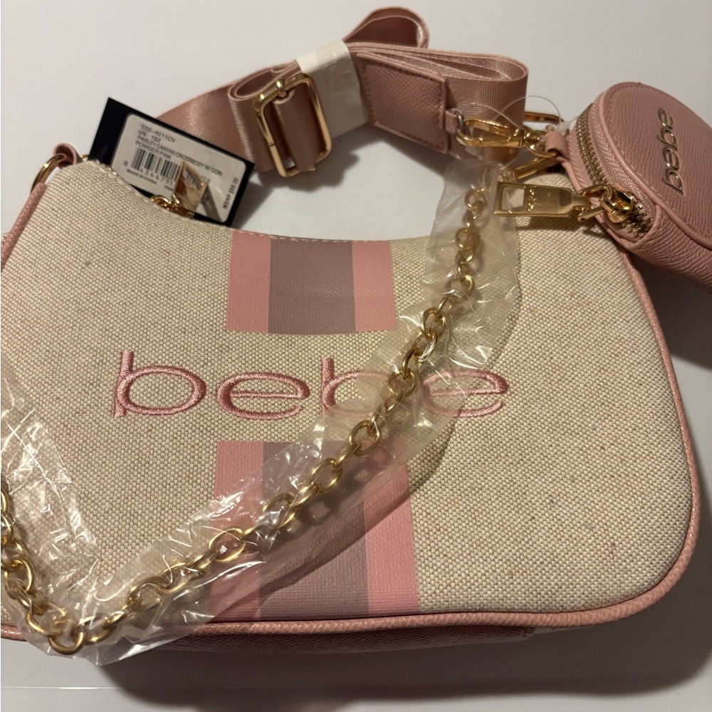 Bebe Crossbody Bag in Pink and Cream with Gold Chain
